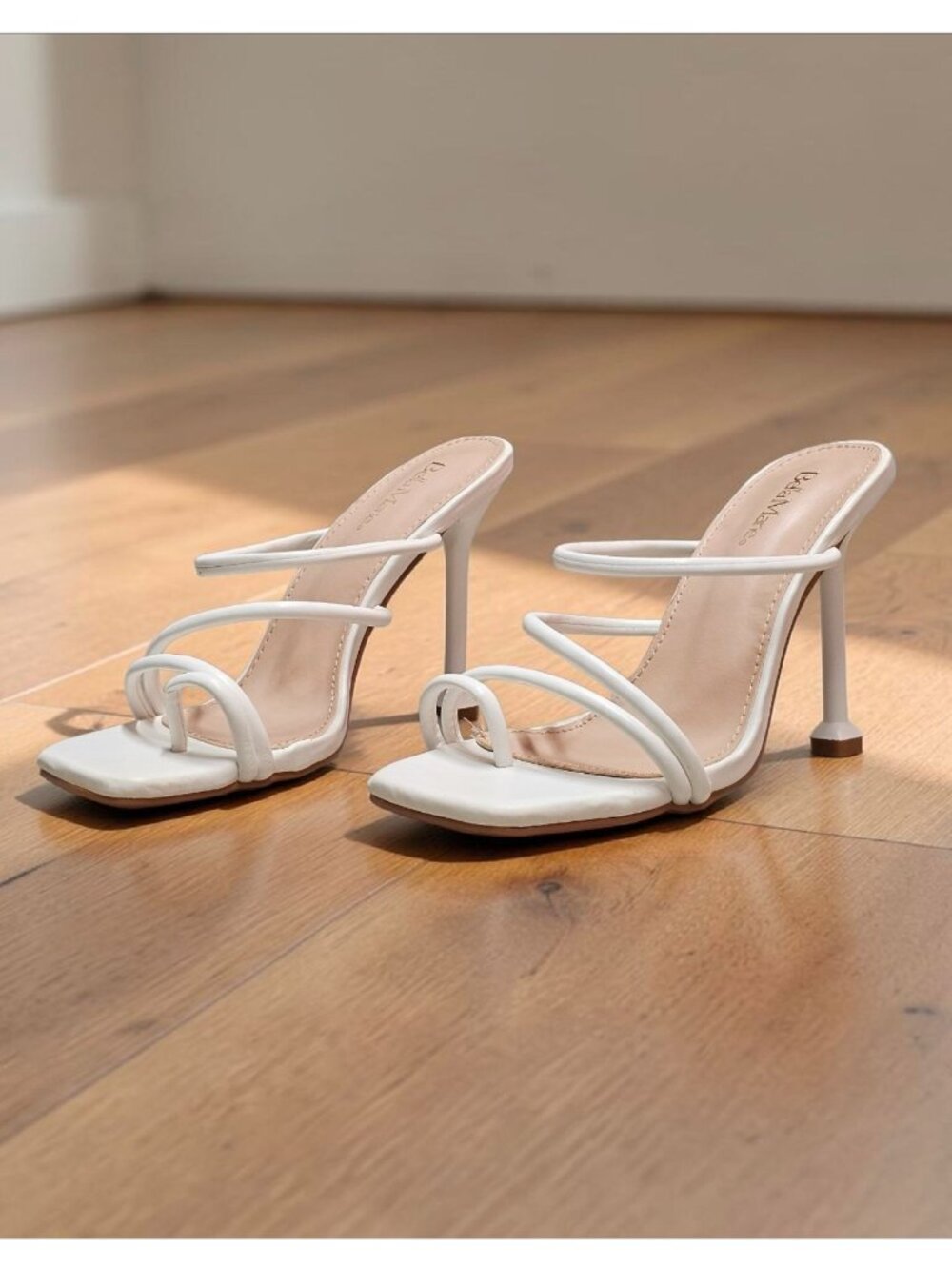 Strappy White High Heel Mules With Square Toe & Slim Stiletto Heels For Women - Picture 11 of 14